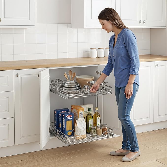 HOLDN’ STORAGE Two Tier Pull Out Cabinet Organizer, Individual Sliding Drawers - Heavy Duty Metal with Lifetime Limited Warranty - Anti Rust Chrome Finish - 30" W x 21”D x 16.5" H