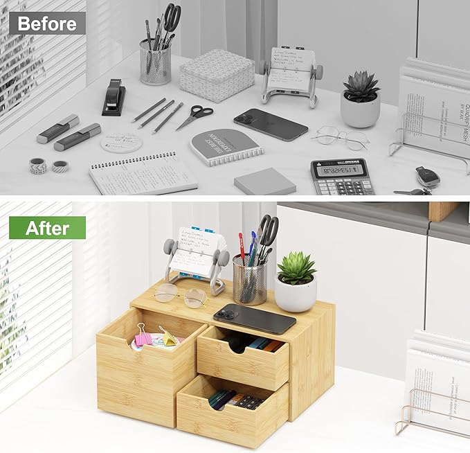 Wisuce Desk Organizer with Drawers - Bamboo Desktop Organizer Storage | White-Natural Wood Desk Drawers Organizer for Bills, Office Supplies, Cosmetics, Seals No Assembly Required(3 drawers edge-free)