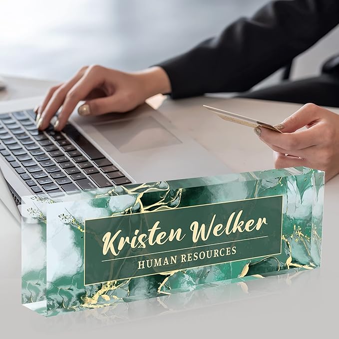 Personalized Name Plate for Desk Custom Acrylic Desk Name Plate Custom Employee Appreciation Gifts Office Gifts for Women, Men, Boss, Coworkers, Teacher, Nurse (Green Phnom Penh Marble)