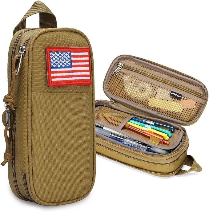ATRIPACK Pencil Case Big Capacity High Large Storage Tactical Small Tool Pouch Bag Marker Pen Case Stationery Bag Travel Holder School College Office Organizer for Kids Men Women Adult Teens (Brown)