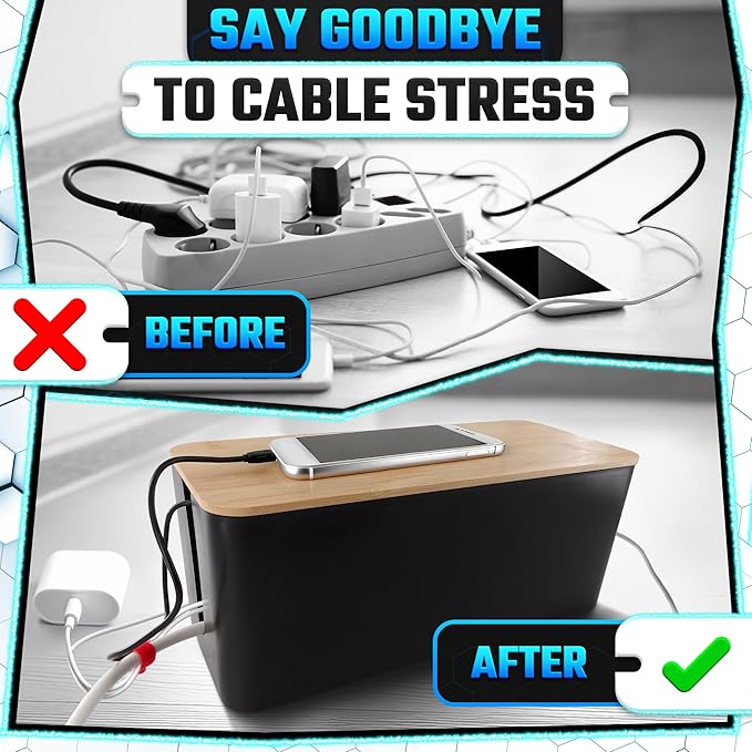 Cord Management Box Set – 2 Pack Cable Organizer Box to Hide Cords and Power Strip Kit with Clips, Reusable Ties & Sleeve – Functional, Modern Design | Medium & Large Sizes for Home & Office Use