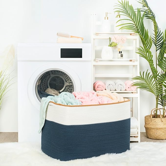 MINTWOOD Design 112L Extra Large Blanket Basket Holder Living Room, 25"x17"x16" Rectangle Rope Woven Storage Basket with Handles for Laundry, Towels, Shoes, Dog Toy Organizer Bin Box, Prussian Blue