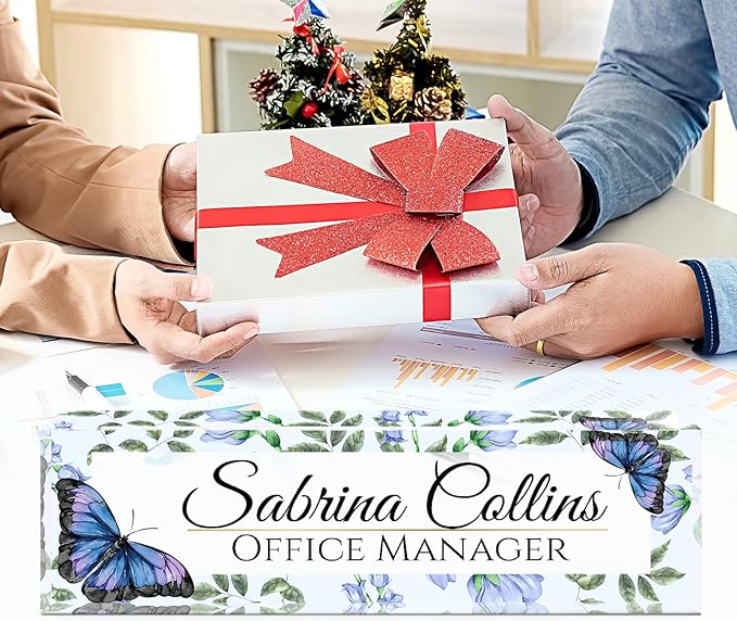 Name Plate for Desk, Desk Name Plate Personalized, Office Decor for Women Men, Acrylic Desktop Accessories, Office Appreciation Gifts for Boss Social Workers Nurse Teacher Employee (Blue Butterfly)