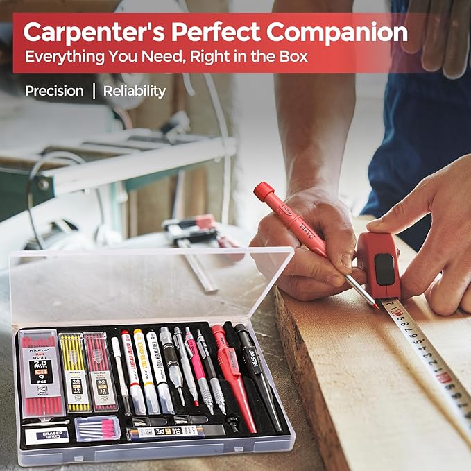 Nicpro 24PCS CP3000 Mechanical Carpenter Pencil Set with Sharpener & Sheath, Lead Refills, Long Nib Marker, Center Punch, Carbide Scribe Tools, Heavy Duty Construction Pencil for Architect Woodworking
