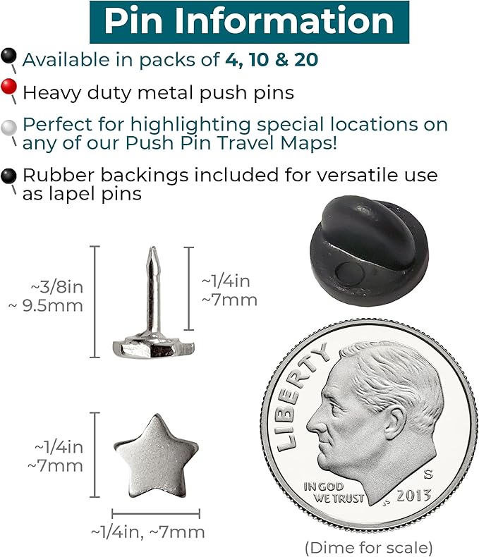 Mini Star Push Pins - Silver Mini Star Pins - for Cork Board, Maps, or Lapel Pin Use - Designed in USA - Set of 10