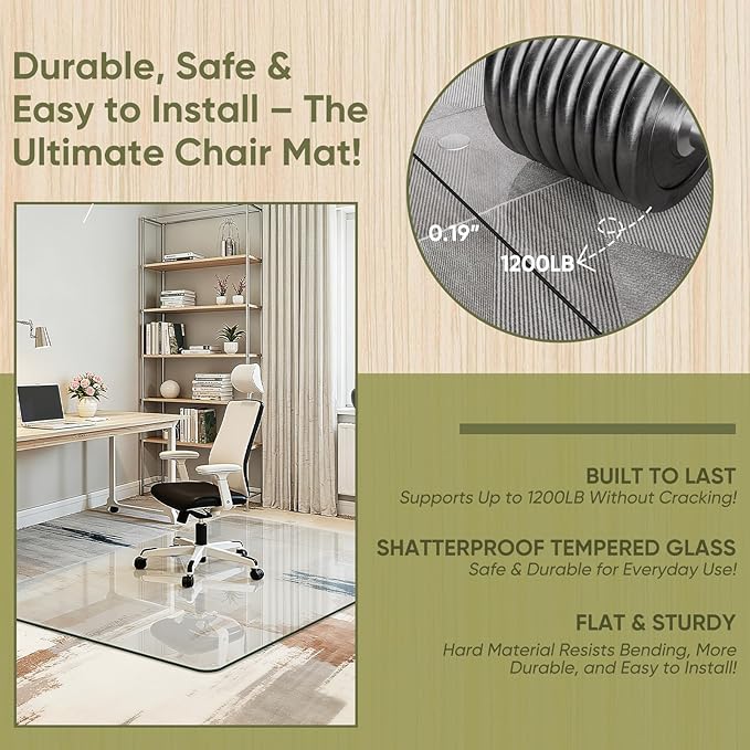 Furnbar Office Chair Mat for Carpet & Hardwood, Upgraded 48" x 72" Tempered Glass Chair Mat for Office Home, with 4 Anti-Slip Pads