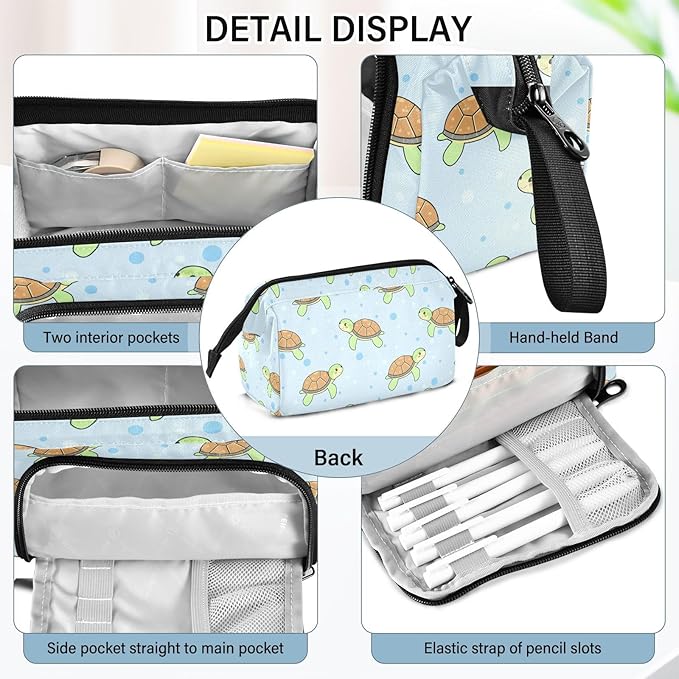 Cartoon Turtles Blue Pencil Case Pouch Big Capacity Pencil Bag Box Organizer Pen Case with Compartmens Stationery Organizer for Teen Girls Boy College Women School