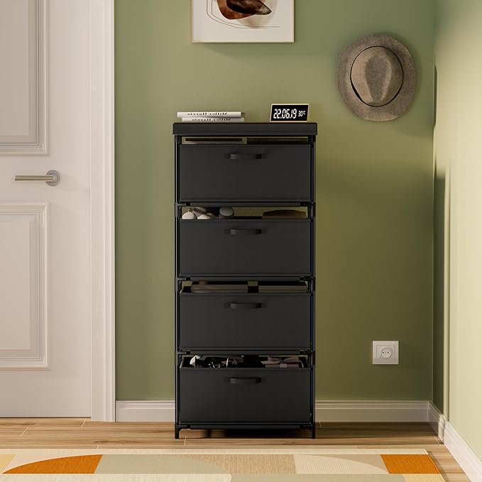 Dresser with 4 Fabric Drawer Stand Desktop Sturdy Metal Plastic Support Tube Cube Storage Cabinet for Bedroom Organization Dorm Front Hall Entryway