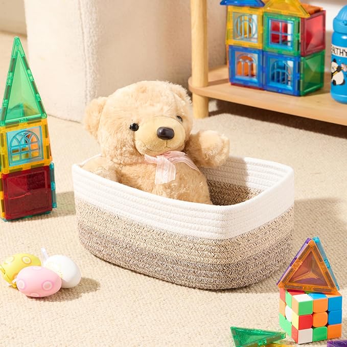 Small Storage Baskets for Organizing | Closet Organizer Bins | Shelf Toy Basket | Woven Rope Baskets | Cube Decorative Box | Shallow Basket |11.5x7.5x4.7”| 3 Packs Gradient Brown