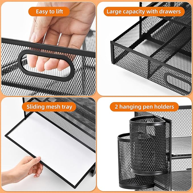 Lavatino 5 Tier Paper Organizer for Desk, Letter Tray with Drawer and 2 Pen Holders, Mesh File Sorter, Desktop Document Shelf Storage Organization Office School Home Black With Drawer