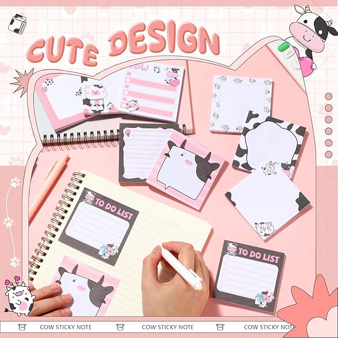 9 Pads Cow Sticky Notes 3x3 Inch Cute Self Stick Notepads Notes Adhesive Memo Pad Office Decor Gifts for Students School Teacher Meeting Office Supplies