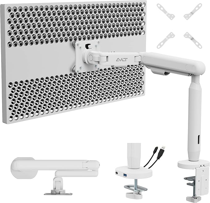 AVLT Single 17"-40" Ultrawide 3-Segment Easel Monitor Arm for Screens Up to 24.3 lbs, Aluminum Designer Stand, Adjustable Pneumatic Height, Full Motion Swivel Tilt Rotation, USB-C USB-A Ports, White