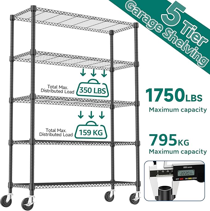 5 Tiers Shelf 1750 lbs Steel Storage Shelving Utility Shelving Unit Steel Organizer Wire Rack for Home,Kitchen,Office,Garage Black 17.7" D x 47.2" W x 76.8" H
