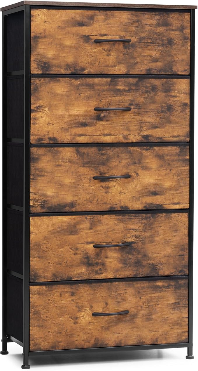 Crestlive Products Vertical Dresser Storage Tower - Sturdy Steel Frame, Wood Top, Easy Pull Fabric Bins - Wide Organizer Unit for Bedroom, Hallway, Entryway, Closets - 5 Drawers(Rustic Brown)