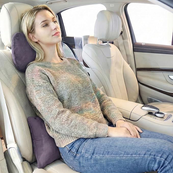 2PCS Car Pillow for Car Neck Pillow for Driving Seat Lumbar Support Soft Cushion with Extra Filling Accessories Back Support for Travel Nap and Trips Sleeping (Violet, Head and Lumbar)