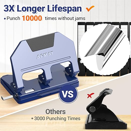 AFMAT 3 Hole Punch, 9/32" Holes, 40-Sheet 3 Hole Puncher for Binder, 50% Reduced Effort, Metal Heavy Duty Three Hole Punch w/ 10,000+ Uses, Bulit-in S.S. Paper Guide, Large Chip Tray, Blue, HPX3
