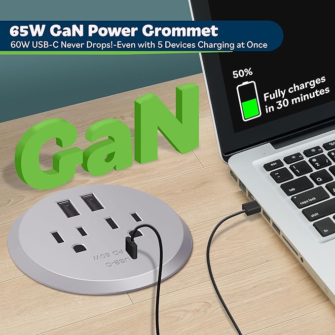 TOPGREENER Desktop Power Grommet with 65W PD for MacBook, GaN Desk Grommet with 1 Fast Charging USB-C Port, 2 USB-A Ports and Duplex Receptacles, TTRP48APD60-SV, Silver