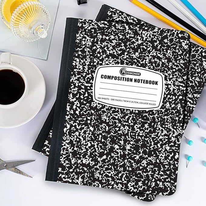 Rosmonde 50 Pack Bulk Composition Notebooks, College Ruled Notebook, 200 Pages (100 Sheets), 9-3/4 x 7-1/2", Hard Cover, Black Marble Composition Journal Book, Bulk Notebooks for School & College