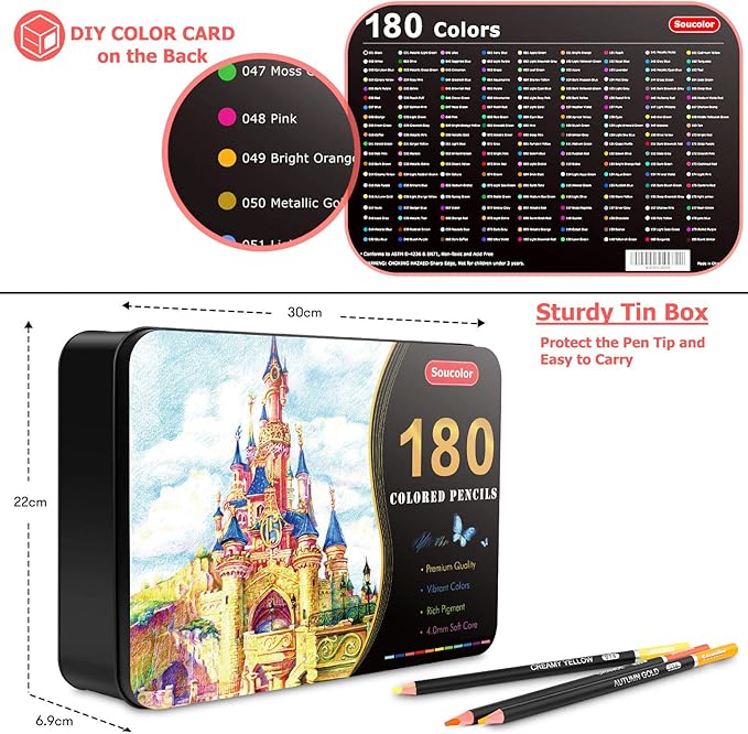 Soucolor 180-Color Artist Colored Pencils Set for Adult Coloring Books, Soft Core, Professional Numbered Art Drawing Pencils with Gift Tin Box for Sketching Shading Blending Crafting