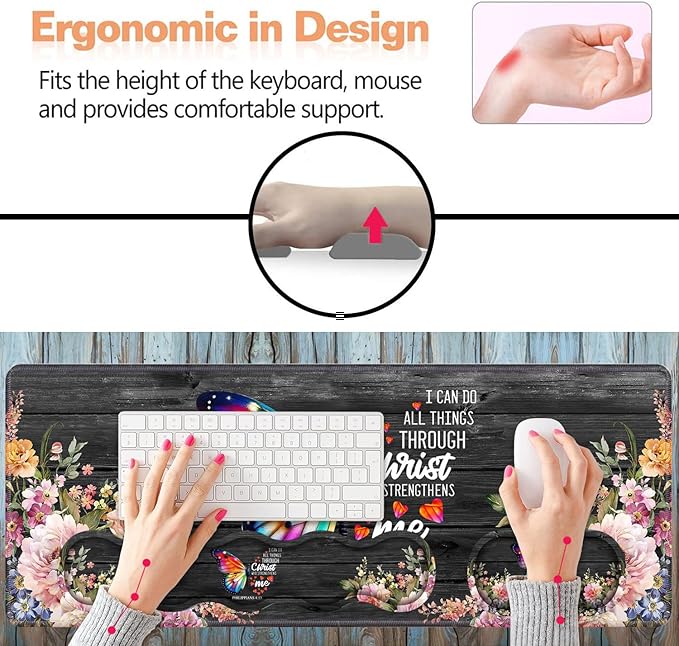 Ergonomic Keyboard Wrist Rest & Mouse Pad Wrist Rest Set, Large XXL Gaming Desk Mat 31.5"x 11.8", Memory Foam, Easy Typing Pain Relief for Office & Home, Butterfly Quote Bible Verse Philippians 4-13