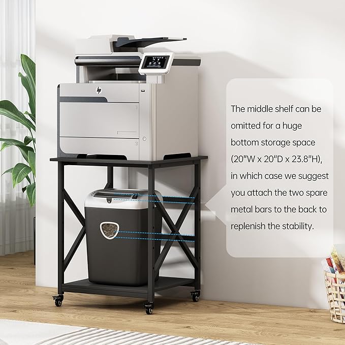 Printer Stand, 23.6 x 23.6 x 30.1 Inches Large Square Printer Table with Height Adjustable Storage Shelf, 3 Tier Rolling Printer Cart with Industrial Wheels for Home Office - Black
