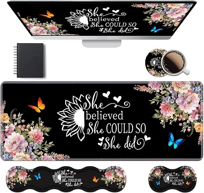 Ergonomic Keyboard Wrist Rest & Mouse Pad Wrist Rest Set, 31.5"x 11.8" Large XXL Gaming Desk Pad Memory Foam Non-Slip Desk Mat for Office & Home, Floral Quote She Believed She Could So She Did