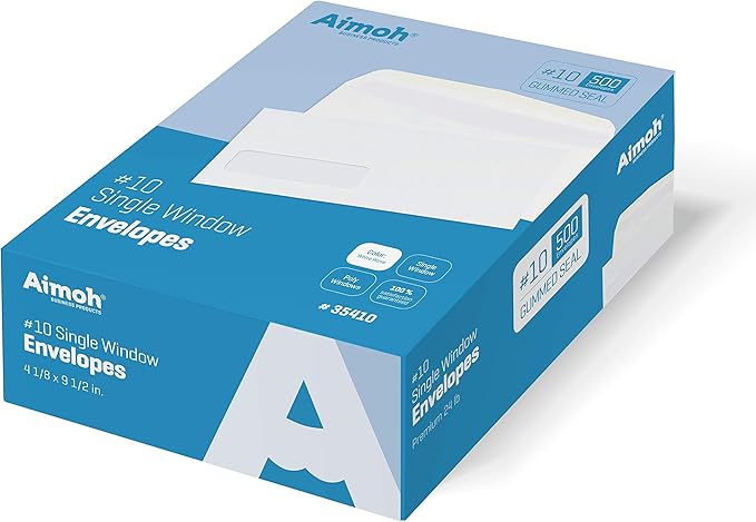 Aimoh #10 Single Left Window Envelopes -Gummed Closure -Size 4-1/8x9-1/2 Inches -24LB-1000 Count(35410-1000)