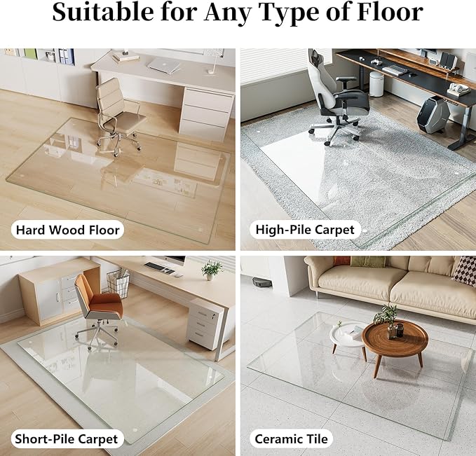 FlyEcho Glass Chair Mat 36" x 46" Heavy Duty Tempered Glass Mat, Office Glass Floor Mat with Round Corner and Polished Edge for Smooth Glide, Carpet Hardwood Floor Protector