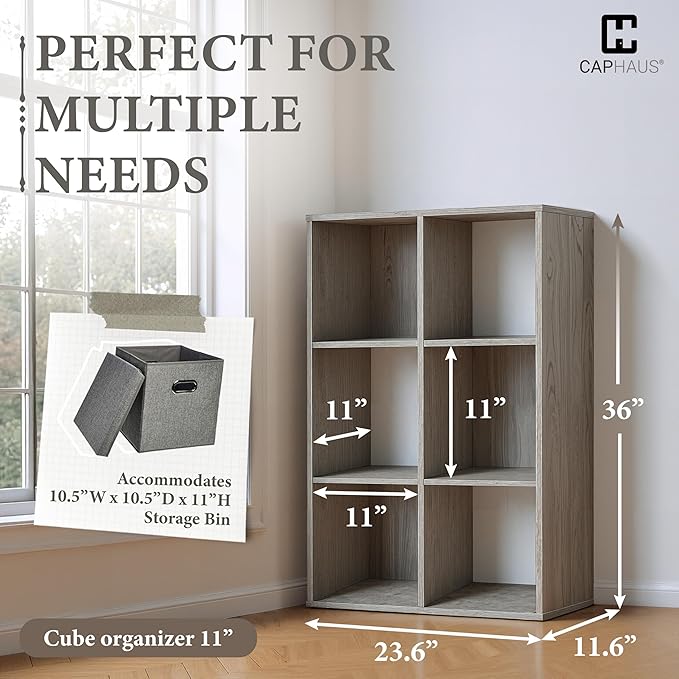 CAPHAUS Sturdy Room 11-Inch Cube Storage Organizer Shelf, with Thick Exterior Edge, Storage Shelf Divider w/Back, Bookcase, 6-Cube, Dark Grey