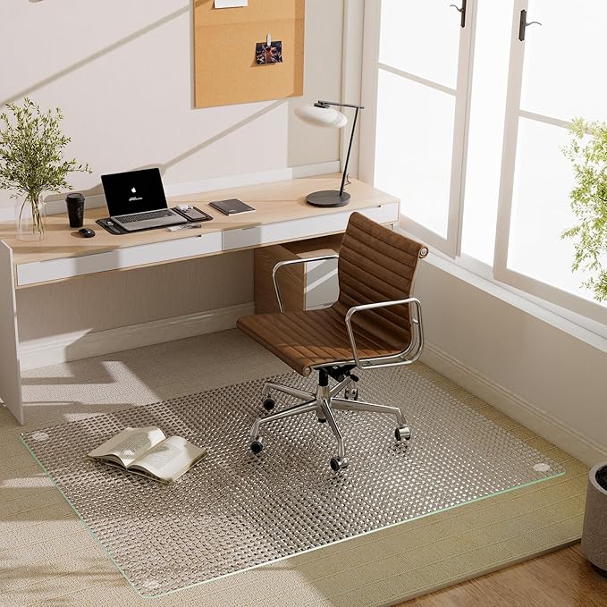GLSLAND 36"x46" Tempered Glass Chair Mat – Checkered Patterned Heavy Duty Floor Mats Protector for Hardwood Floors & Carpet, Decorative Home and Office Desk