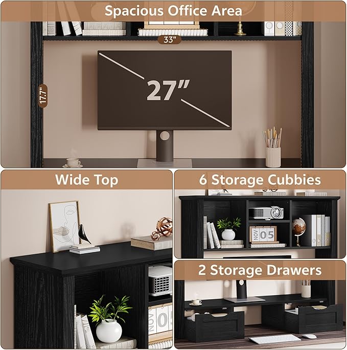 Desktop Bookshelf with Computer Monitor Stand, 37.4''W Desk Shelf Display Rack, Desktop Organizer Storage Rack with 4 Cubbies and 2 Drawers, 5-Tier Desk Hutch for Home, Office, Dorm, Vanity