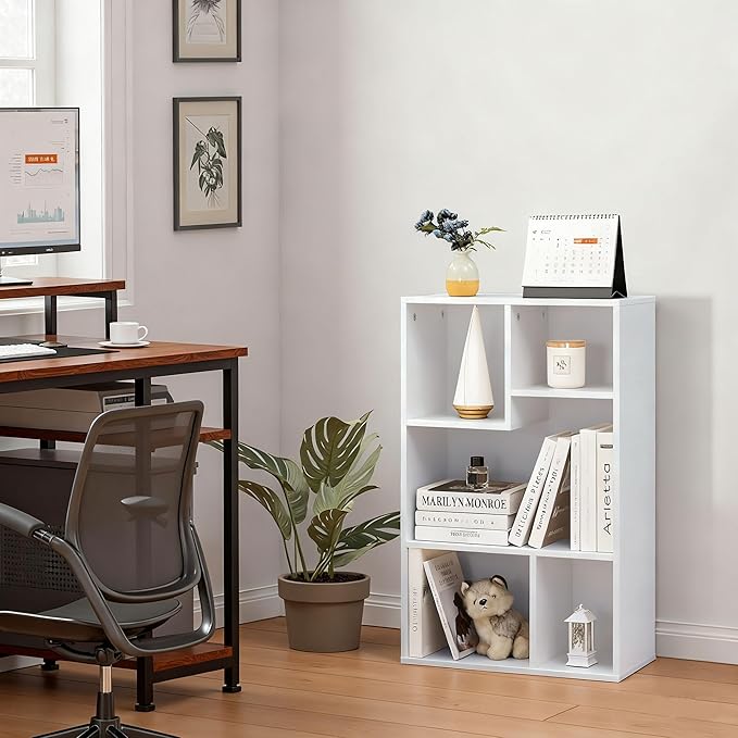 VECELO 5 Cube Modern Bookcases, 3 Tier Bookshelves, 31 Inch High Cubby Storage Organizer, Shelf Hight Up to 12.8 Inches Suit for Most Books, Vertical or Horizontal Use Available,Pearl White