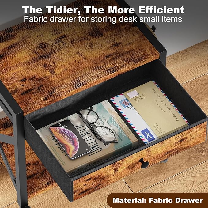 EasyCom 2-Tier Desktop Printer Stand with Large Drawer, Under Desk Storage with Wheels, Small Shelf with Storage for Paper Storage Printer Scanner Fax Home Office Use Rustic Brown