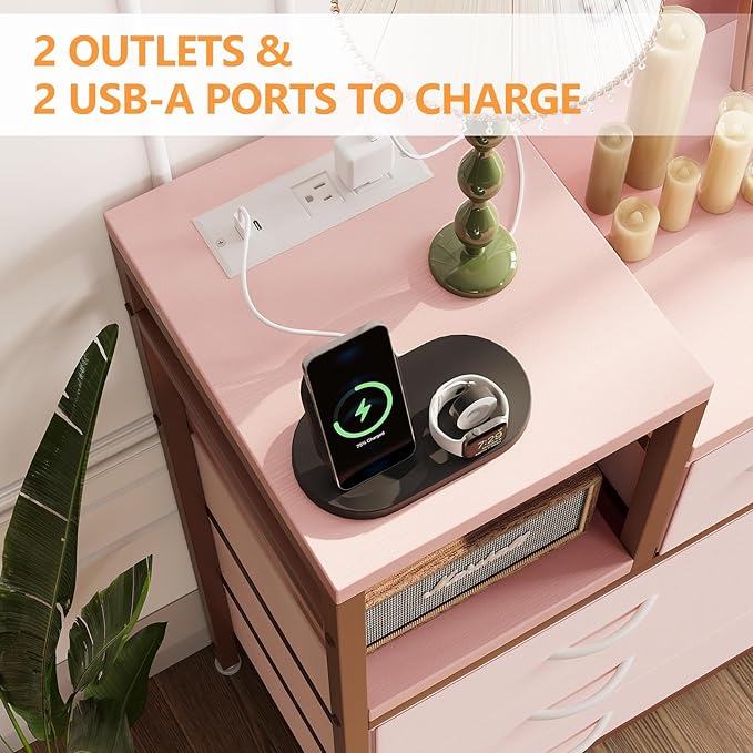 Jojoka 9 Drawer Dresser TV Stand with Charging Station,Modern Entertainment Center for Living Room & Bedroom with Power Outlets, Open Storage Shelves, Pink