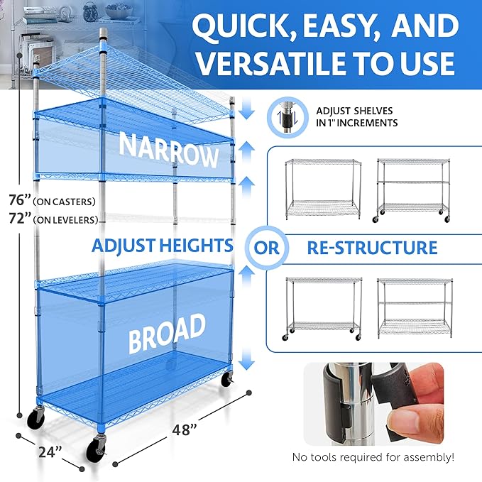 4000 LBS Heavy Duty Wire Rack 48 x 24 x 76, 5-Tier NSF Commercial Rolling Rack with Wheels, Chrome Metal Shelving Unit for Garage, Kitchen, Warehouse, Adjustable Storage Shelf, Crescent