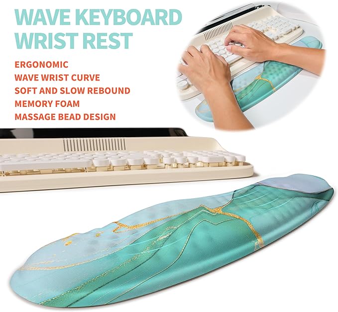 2-in-1 Ergonomic Set, Wave Rise Keyboard Wrist Rest and Massage Bulge Slope Mouse Pad Wrist Support, Cushion Memory Foam Integrated to Relieve Wrist Pain, Blue Gold Marble
