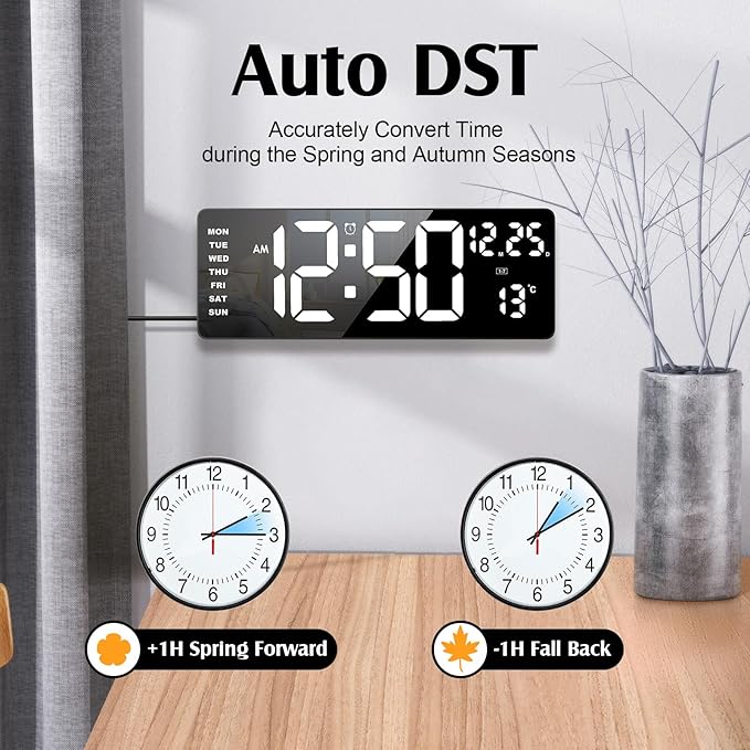 16.5" Digital Clock Large Display with Remote Control, 6-Color Night Light Digital Wall Clock with Dual Alarms, Temperature, Auto DST Large Clock for Living Room, Bedroom, Desk, Mounted, Gift