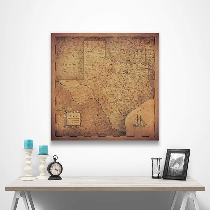 Conquest Maps Push Pin Texas Map Board - With Push Pins to Mark Texas Travel - Handmade in Ohio, USA - Design: Golden Aged