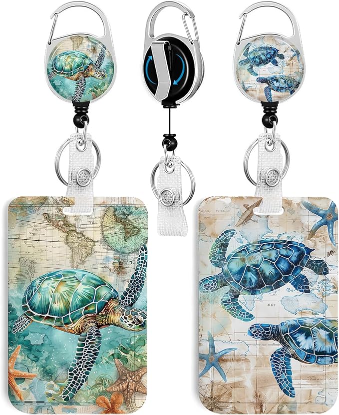 2 Pack Sea Turtle ID Badge Holder with Heavy Duty Retractable Reel Keychain for WomenStudents,Teachers, Nurses, Office Use