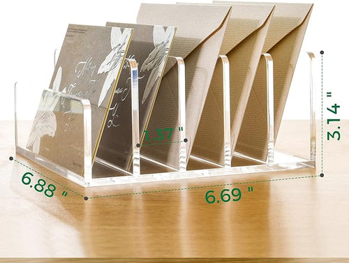 5 Compartments Clear Acrylic Mail Holder – Vertical Letter Sorter & Multifunction Desk Organizer for Bills, Documents, Notebooks – Modern Office/Home Envelope File Rack