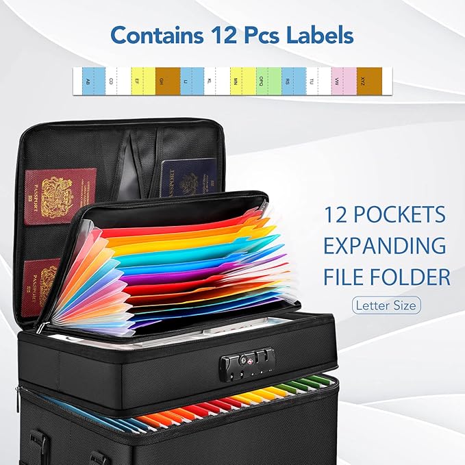 Fireproof Document Box with 13 Pockets Accordian File Organizer, Water-Resistant File Organizer Box with Lock, Collapsible File Storage Cabinet for Hanging Letter/Legal Folder, Black