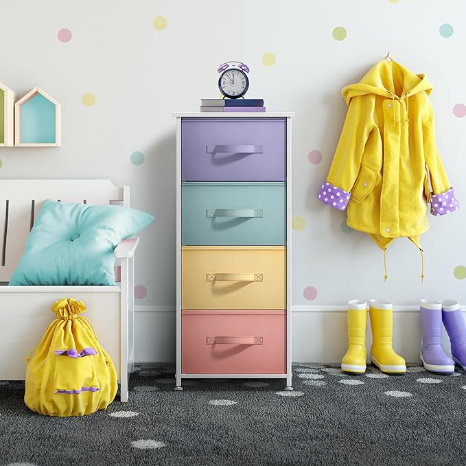 Sorbus Nightstand with 4 Drawers - Bedside Furniture & Accent End Table Chest for Home, Bedroom, Office, College Dorm, Steel Frame, Wood Top, Easy Pull Fabric Bins (4-Drawer, Pastel/White)