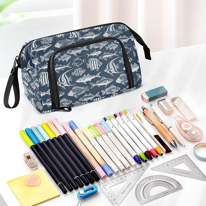 Fish Vintage Pencil Case Pouch Big Capacity Pencil Bag Box Organizer Pen Case with Zipper Pencil Cases for Girls Boys Women School College Office