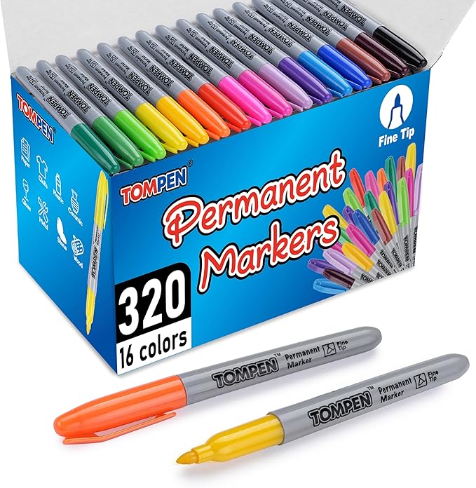 TOMPEN Permanent Markers Fine Tip 320 Pack Bulk,16 Assorted Colors,Waterproof Permanent Marker with Quick Drying on Valentine's Day card,Wood,Plastic,Paper,Metal,Mirror for Office School Classroom