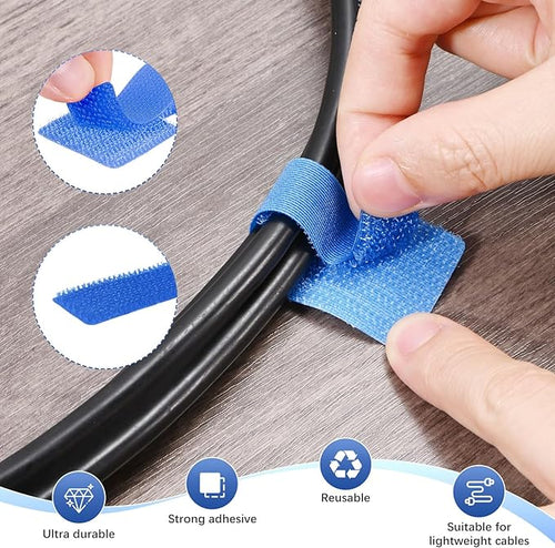 40-Pack Hook and Loop Cable Ties, 3.5 x 1.1 Inch Adjustable Self-Adhesive Cord Organizer for Desk/Home/Wall/Office Essentials, Cable Management Under Desk [Blue]