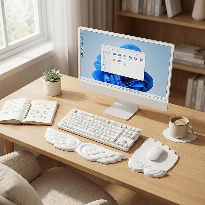 Angel Wing Keyboard Wrist Rest Set, 3 Piece Cloud Wrist Rest for Computer Keyboard with Mouse Wrist Rest and Coaster, PU Leather Memory Foam Wrist Support for Office, Home and Gaming (White - A)
