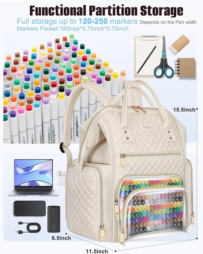 Marker Organizer Case Bag, Large Markers Storage Backpack with USB Port for Artists, Illustrators, Creatives, Pen Travel Holder Case Bag for Art Creativity Craft Supply, Beige