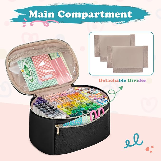 Fasrom Marker Organizer Case for 120 Markers, Art Marker Storage Bag with Handle and Detachable Dividers, Travel Marker Holder for Alcohol Markers, Brush Pens and Craft Supplies, Black(Bag Only)