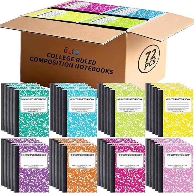 UZLU 72 Pack Mini Composition Notebooks Bulk College Ruled Half Composition Notebook Narrow Ruled Small Pocket Marble Journal 8 Colors-4.5" x 3.25"-60 Sheets for Students Office School Supplies