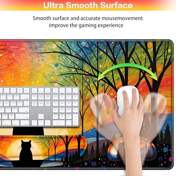 Mouse Pad with Wrist Rest Black Cat, 4-in-1 Large Mousepad+Keyboard Wrist Rest+Mouse Pad Wrist Support+Cup Pad Set,Ergonomic Mousepad,Memory Foam Desk Mat for Home Office Gaming(35.4×15.7in)